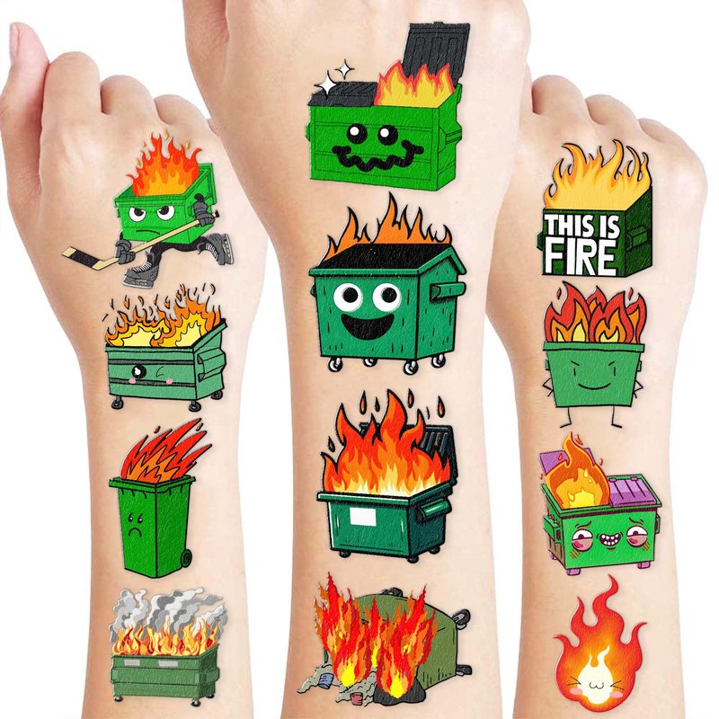 96PCS Dumpster Fire Temporary Tattoos Themed Birthday Party Favors Decorations Supplies Funny Garbage Trash Bin Firetruck Tattoo Stickers Gifts For Kids Boys Girls School Prizes Carnival Christmas