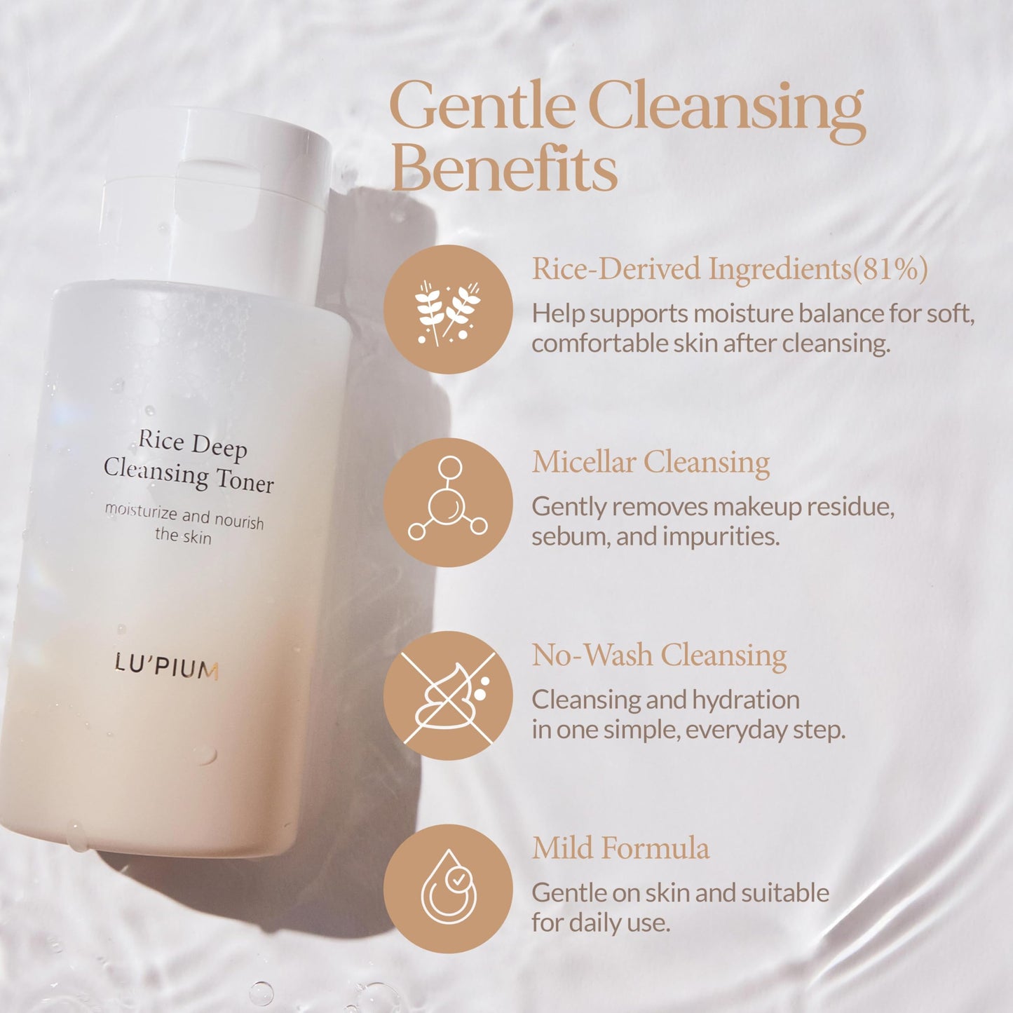 LU'PIUM Rice Deep Cleansing Toner – 81% Rice Cleansing Water for Pore Purifying, Hyaluronic Acid, Makeup Remover, Hydrated Finish, Korean Skincare (300ml, 10.14 fl.oz.)
