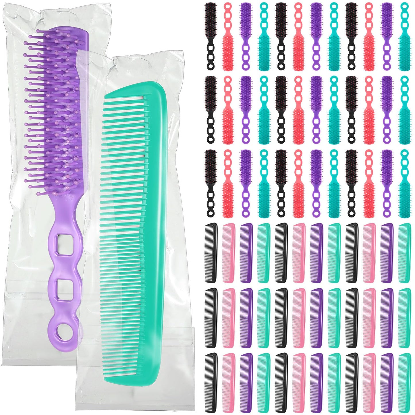 SiliFine 72 Pcs Bulk Hair Brushes Combs Set for Homeless Individually Wrapped Hairbrushes Bulk Curly Thick Long Smoothing Detangling Hairbrushes for Women Hotel Homeless Nursing Charity (Multicolor)