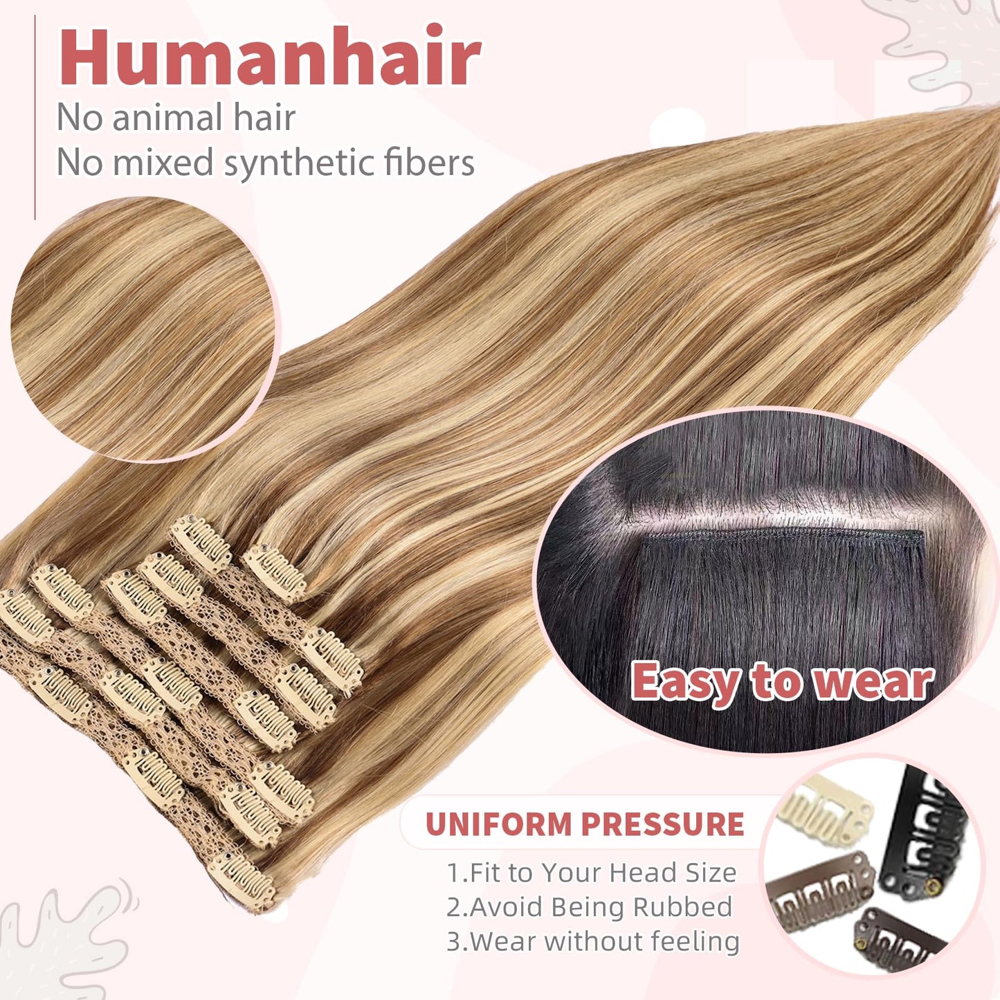 DIYOMO human hair clip in extensions Soft&Natural 120g 7pcs hair extensions real human hair clip insHair Straight&Invisible (14Inch, 18/613)