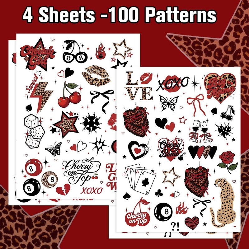 Red Cheetah Print Temporary Tattoos Birthday Party Decorations, 50 Y2K Patterns 4 Sheets | Leopard Cherry Party Favors for Girls Night Bachelorette Women Big Mama Out Glam Photo Booth Props