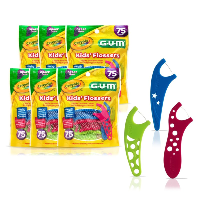 GUM Crayola Kids Flossers with Fluoride, Designed for Little Hands, Fun Grape Flavor, Easy-to-Use Dental Floss Picks for Children Ages 3+, 75 Count (Pack of 6)