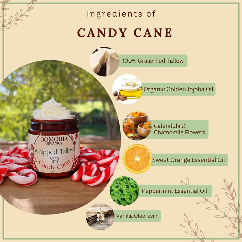 Domoria Organics 100% Grass-Fed Tallow Balm - Holiday Edition Gift-Set, Candy Cane & Cinnamon Sugar, Herb-infused for Men, Women, Psoriasis, Eczema, Dry Sensitive Mature Skin Value Size, 2 Pack