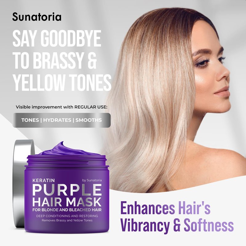 SUNATORIA Purple Hair Mask for Blonde & Bleached Hair, 2-in-1 Keratin Toning Conditioner for Brass Control, Helps Reduce Yellow Tones While Softening Dry Color-Treated Strands | 8.5 Fl Oz