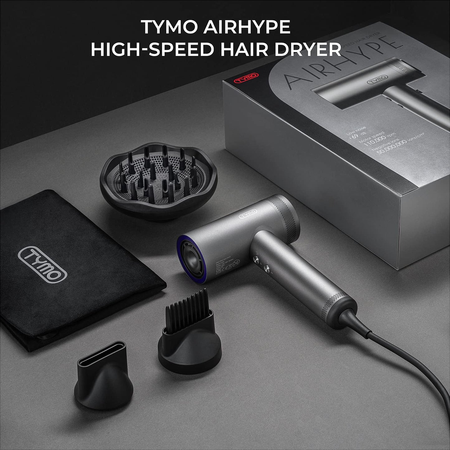 TYMO Blow Dryer with Comb - 1500W Professional High Speed Blow Dryer with Diffuser, 110,000RPM Fast Dry, 200 Million Ionic Diffuser Hairdryer, 4 Temps & 3 Speeds, 8 Ft Cord for Salon, Graphite