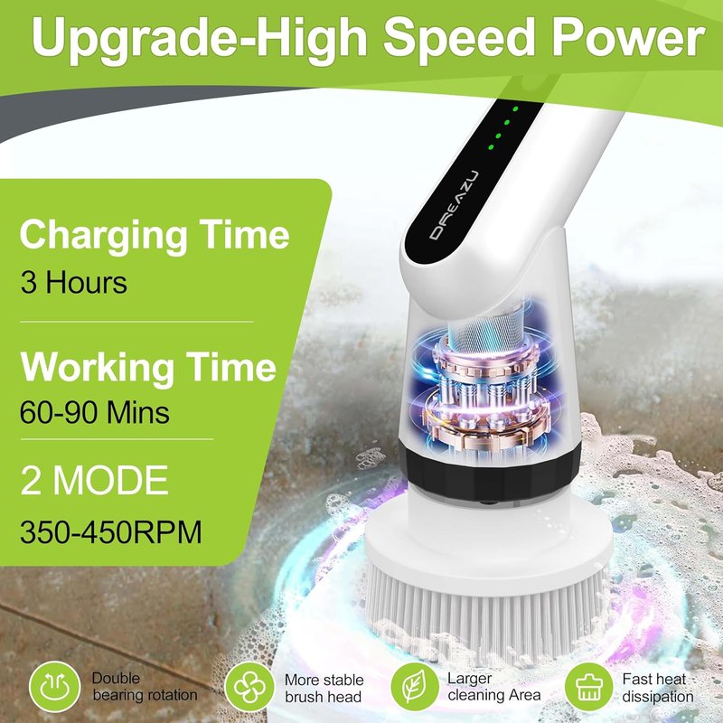 Electric Scrubber Brush - IPX7 Waterproof Cleaning Tool with 7 Replaceable Heads & Adjustable Handle | 2-Speed Spin Function