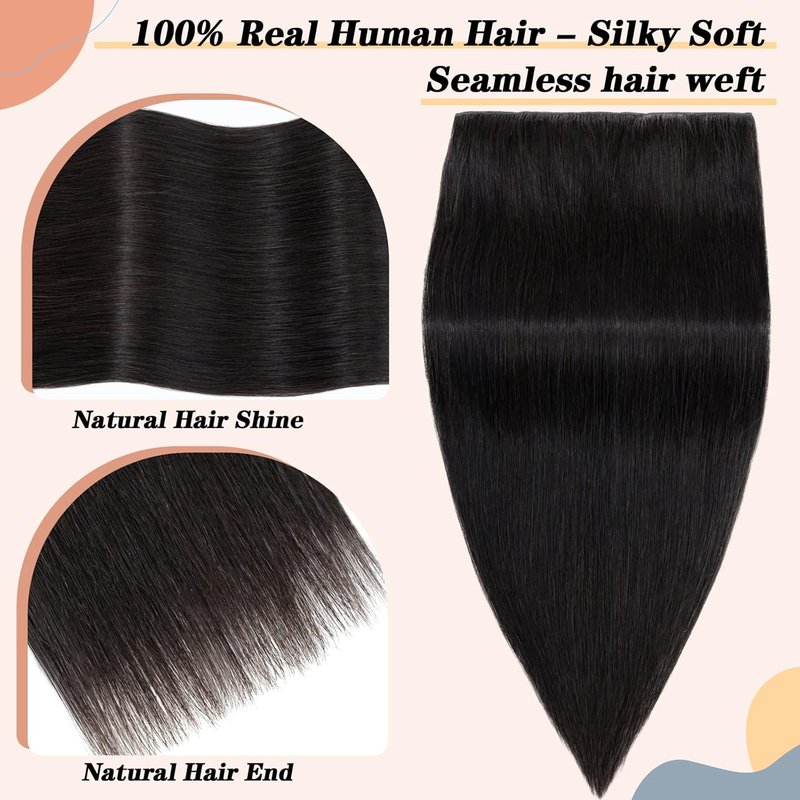 Real Human Hair Clip-In Extensions - Thicker 3/4 Head Weft, 12" | Natural Black, 70g, 5 Clips