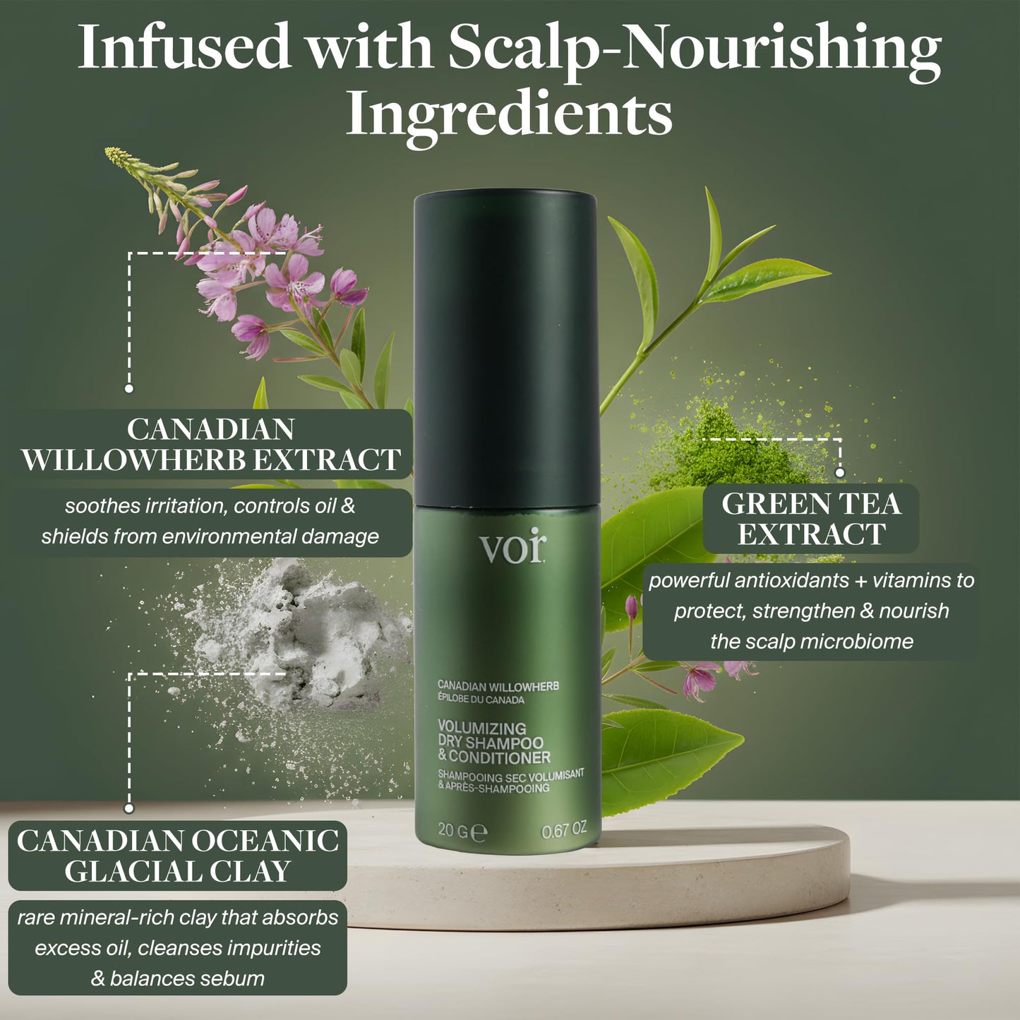 Voir Non-Aerosol Haircare Volumizing Dry Shampoo & Conditioner for Women, Organic Dry Shampoo Powder with Willowherb, Green Tea Extract, Oil-Absorbing, Scalp-Soothing, Travel Size, 0.67 oz