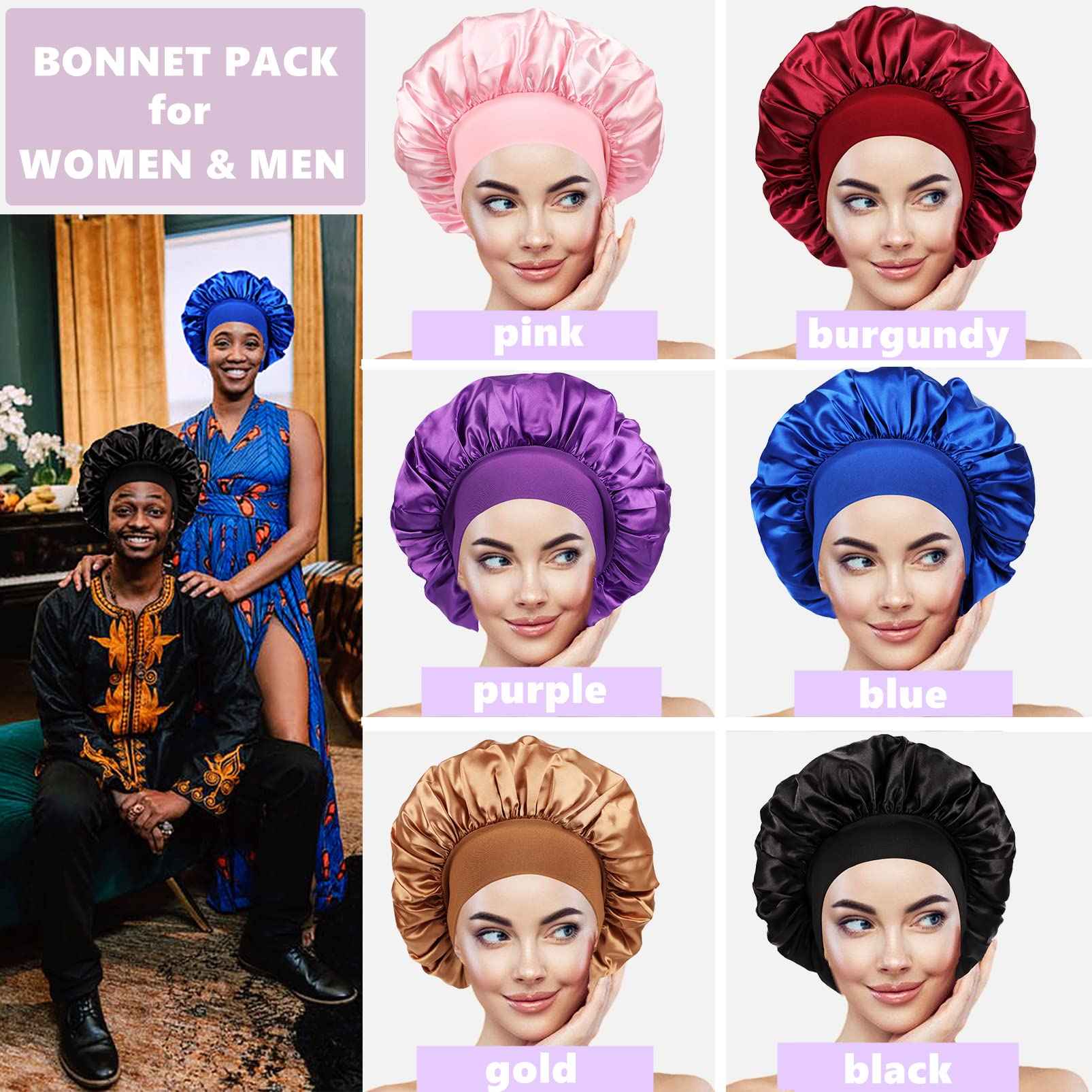 6 PCS Satin Hair Bonnet for Sleeping,Bonnets for Women,Silky Sleep Cap for Curly Hair for Men and Women