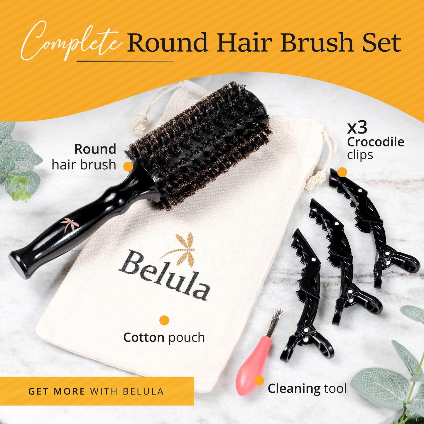 Belula 100% Boar Bristle Round Brush for Blow Drying,Medium Barrel 1.2-Inch
