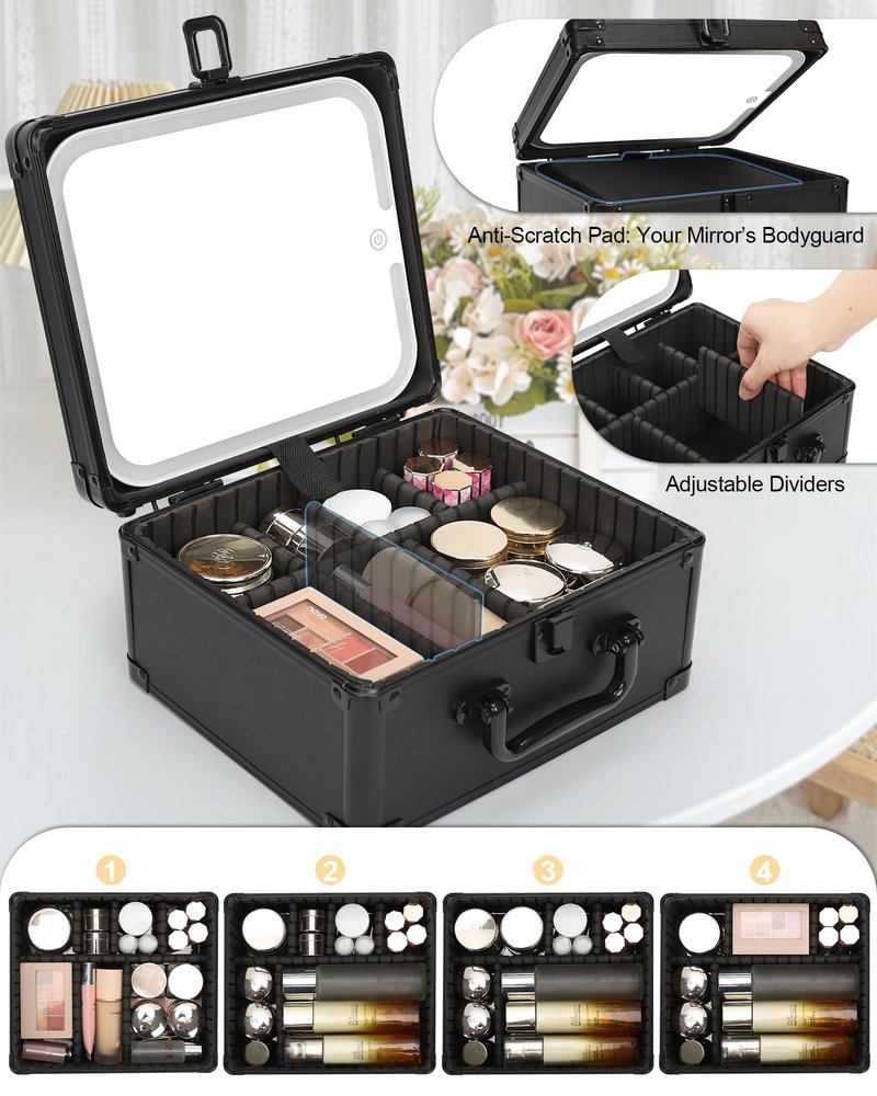 Makeup Case with Lighted Mirror, Travel Makeup Box with LED Mirror Makeup Organizer Bag Portable Cosmetic Train Case Makeup Artist Storage Bags with Adjustable Dividers Gifts for Women and Girls