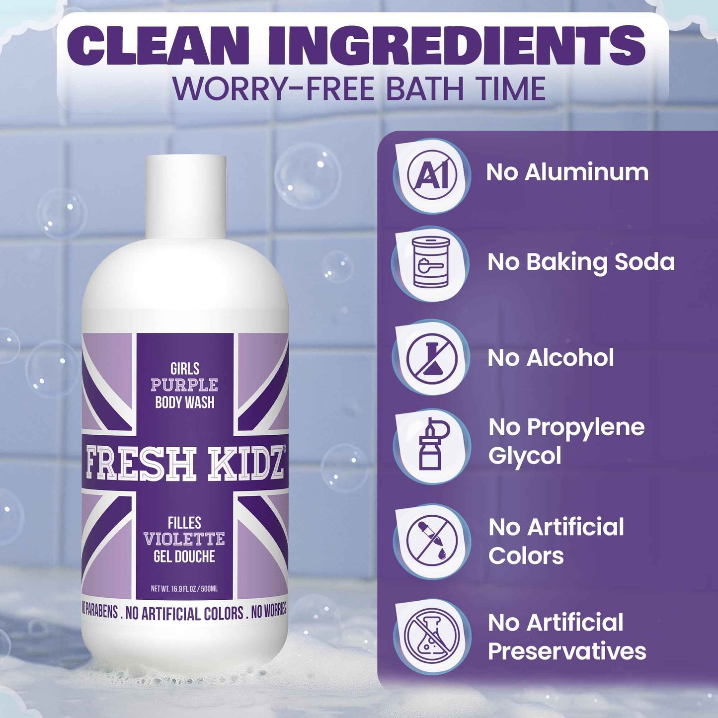 Fresh Kidz Body Wash 16.9 fl.oz. and Stick Deodorant 2.65 oz for Kids and Teens - Girls "Purple" Set