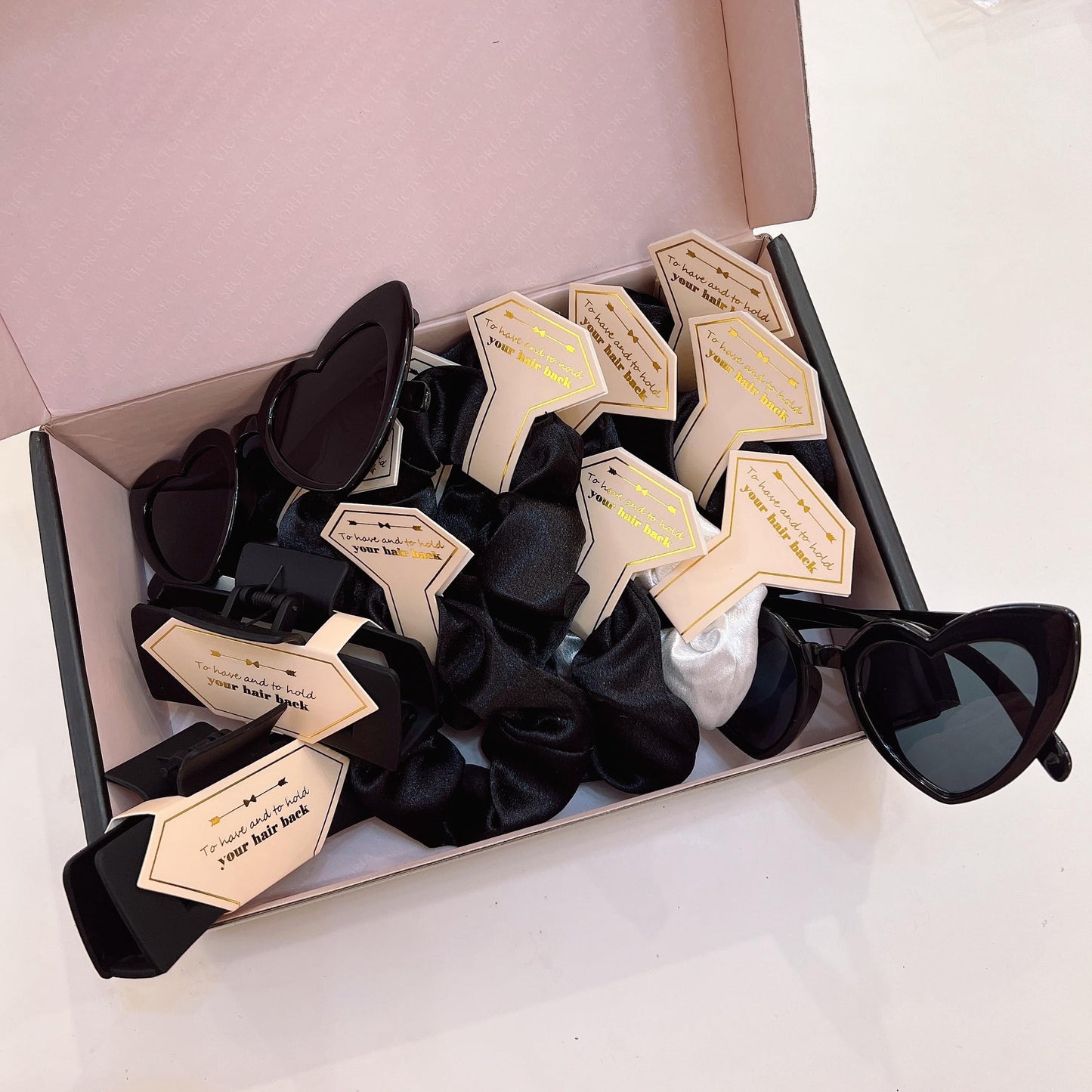 Tethzeng Bridesmaid Scrunchies Proposal Gifts Bachelorette Hair Claws Clips women heart sunglasses for Wedding Party Favors (black headband 32pcs)