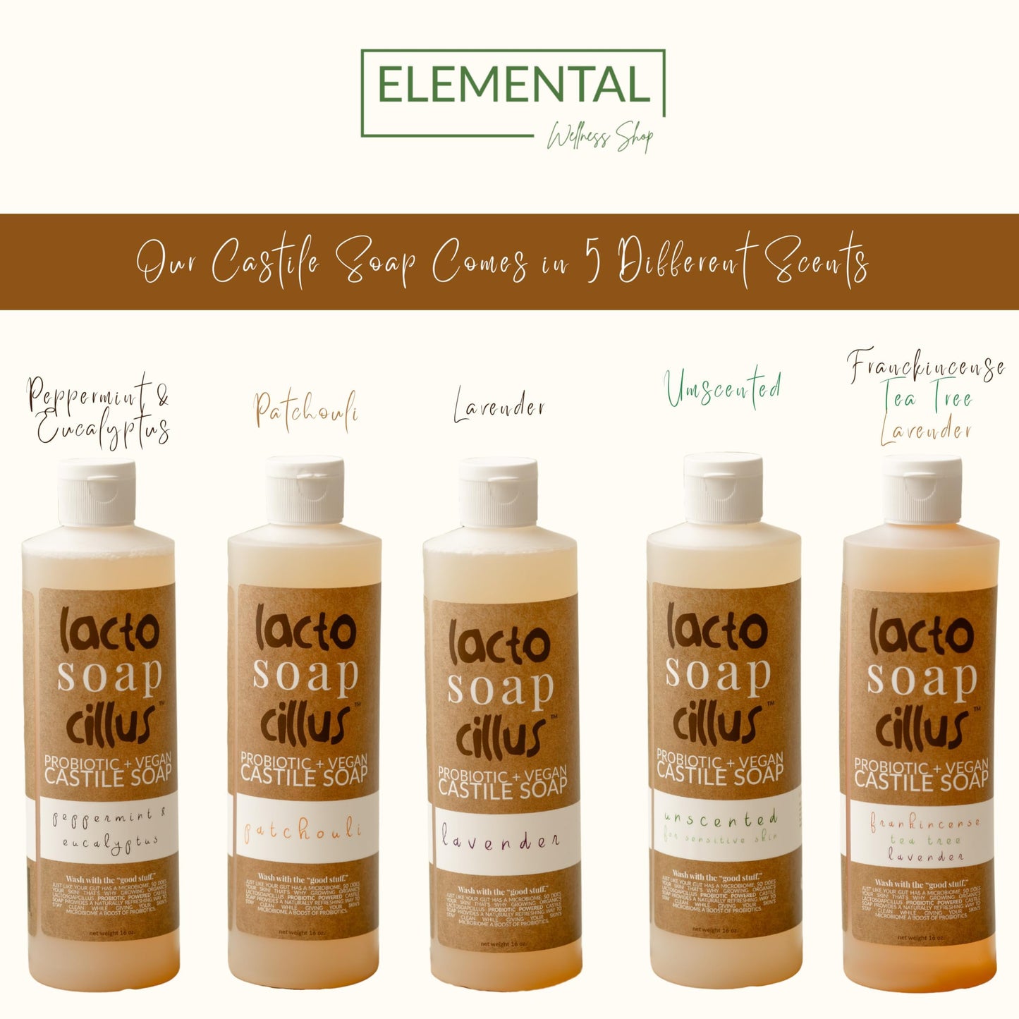 Elemental Wellness, Castile Soap Liquid - Lactosoapcillus, Organic, Probiotic, Vegan, Natural, Lavender Scent Body Wash - Multi-Purpose Liquid Soap, Plant Based Ingredients - (16 oz)