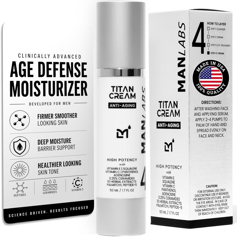 Man Labs Titan Anti-Aging Mens Face Moisturizer – Mens Face Cream, Mens Skin Care for Wrinkles, Dry & Rough Skin – Ceramides, Vitamin C & E, Squalane – Lightweight Daily Hydration – All Skin–Unscented