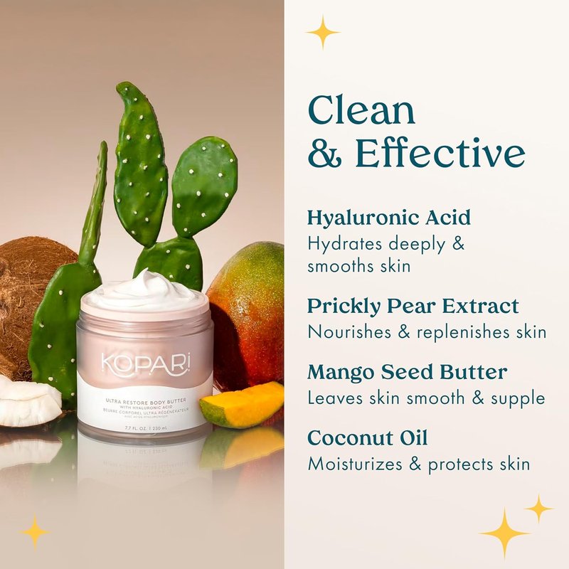 Kopari Ultra Restore Body Butter - Whipped Formula with Hyaluronic Acid & Mango Seed Butter | 7.7 oz Coconut Moisturizer