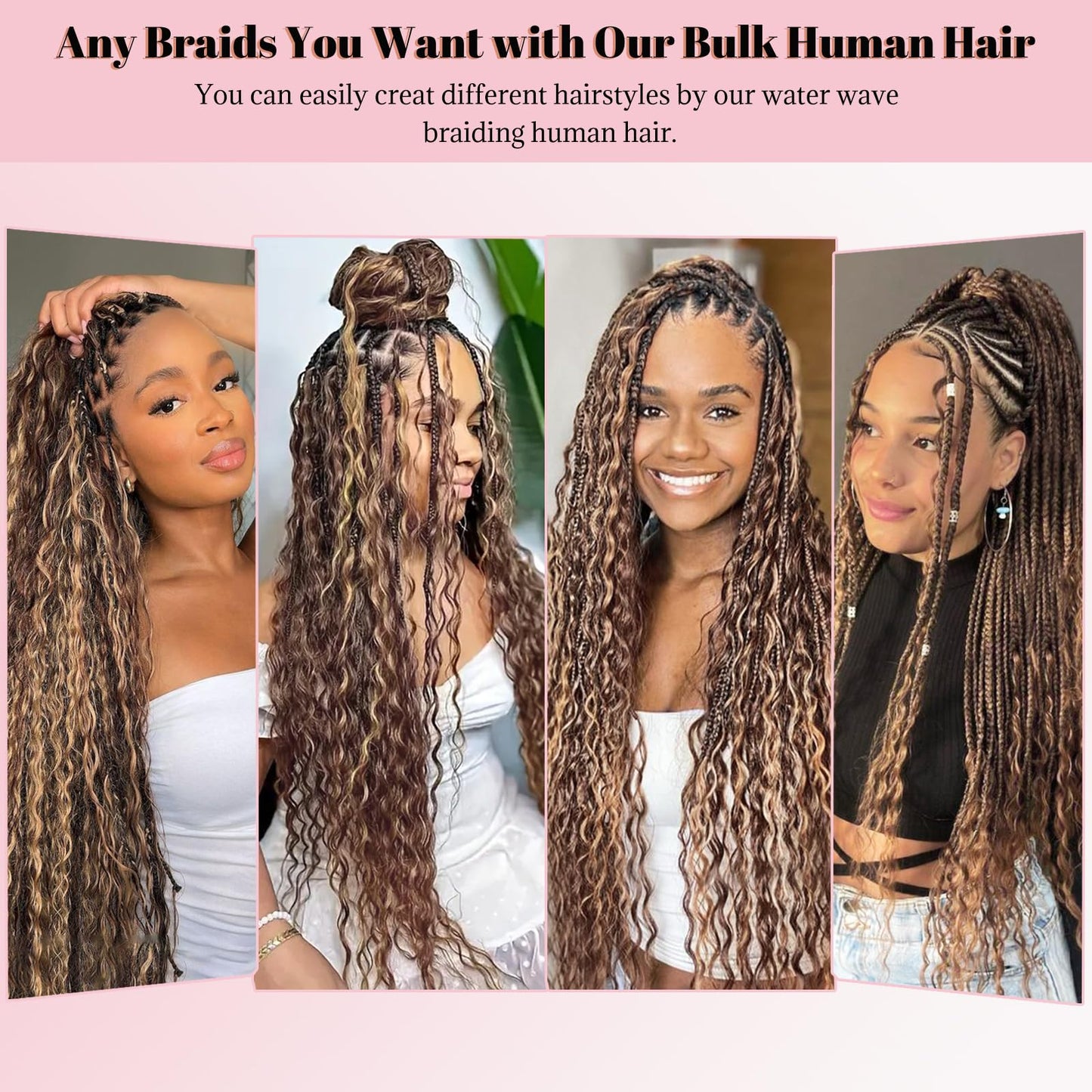 4P27 Human Braiding Hair Ombre Highlight 2 Bundles 100g Bulk for Micro Braiding Wig Wet and Wavy Curly Hair Extensions for Boho Braids Knotless Honey Blonde Deep Water Wave 14 inch