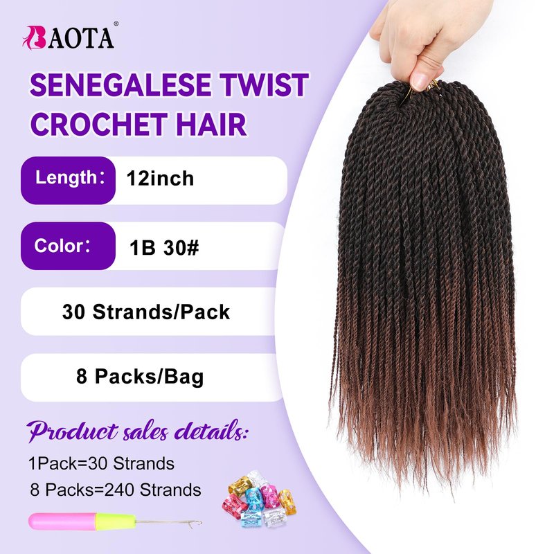 BAOTA Senegalese Twist Crochet Hair for Women Ombre Brown 12 Inch 8 Packs Short Crochet Hair for Black Women Pre Looped Small Braids Micro Twist Crochet Hair with Natural Ends T30