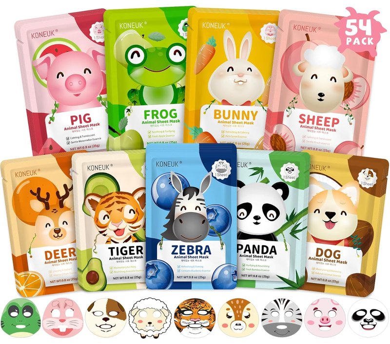 Animal Kids Face Masks - 54 Pack Hydrating Collagen Sheet Masks for Girls & Teens | Perfect Gifts for Birthdays & Mother's Day