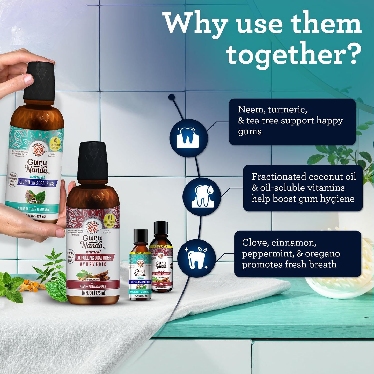 GuruNanda Ultimate Happy Gums Duo, with Alcohol & Flouride-Free Cocomint & Ashwagandha Oil Pulling, Ayurvedic Oral Care for Happy Gums & Fresher Breath