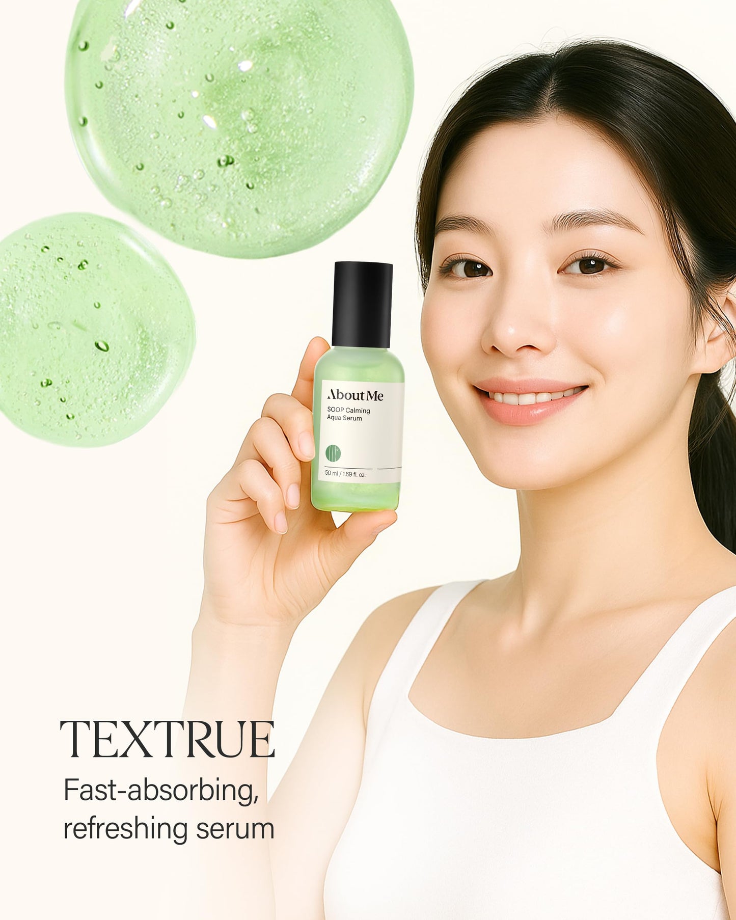 About Me SOOP Calming Aqua Serum - 53.4% Jeju Cypress Water Gel Serum with Bursting Capsules, Hydrating Face Serum for Sensitive Skin, Centella Cica & Tea Tree, Vegan Non-Sticky, 1.69 oz (50ml)