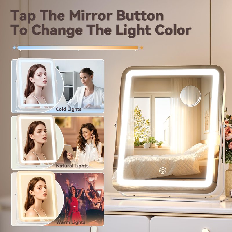 Hasipu Makeup Vanity Mirror with Lights, 12" L x 14" W LED Tabletop Make up Mirror for Desk, Lighting & Brightness Adjustment, 360°Rotation, 10x Magnification