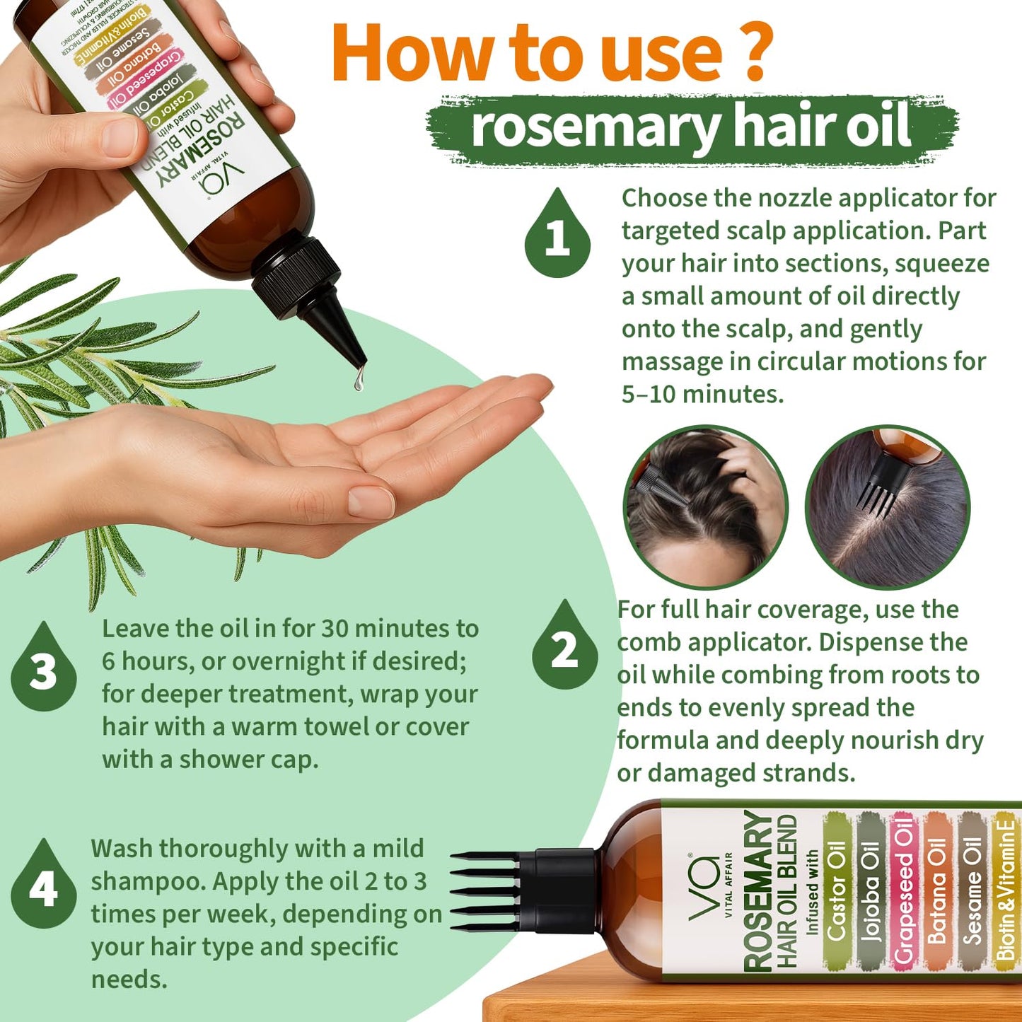 Blend Of Pure Rosemary Oil For Hair Growth With Castor, Batana, Jojoba Oil-Infused With Biotin & Vitamin E-Blend of Effective Hair Oils for Hair Growth-Strengthening Treatment-By Vital Affair-6 Fl Oz