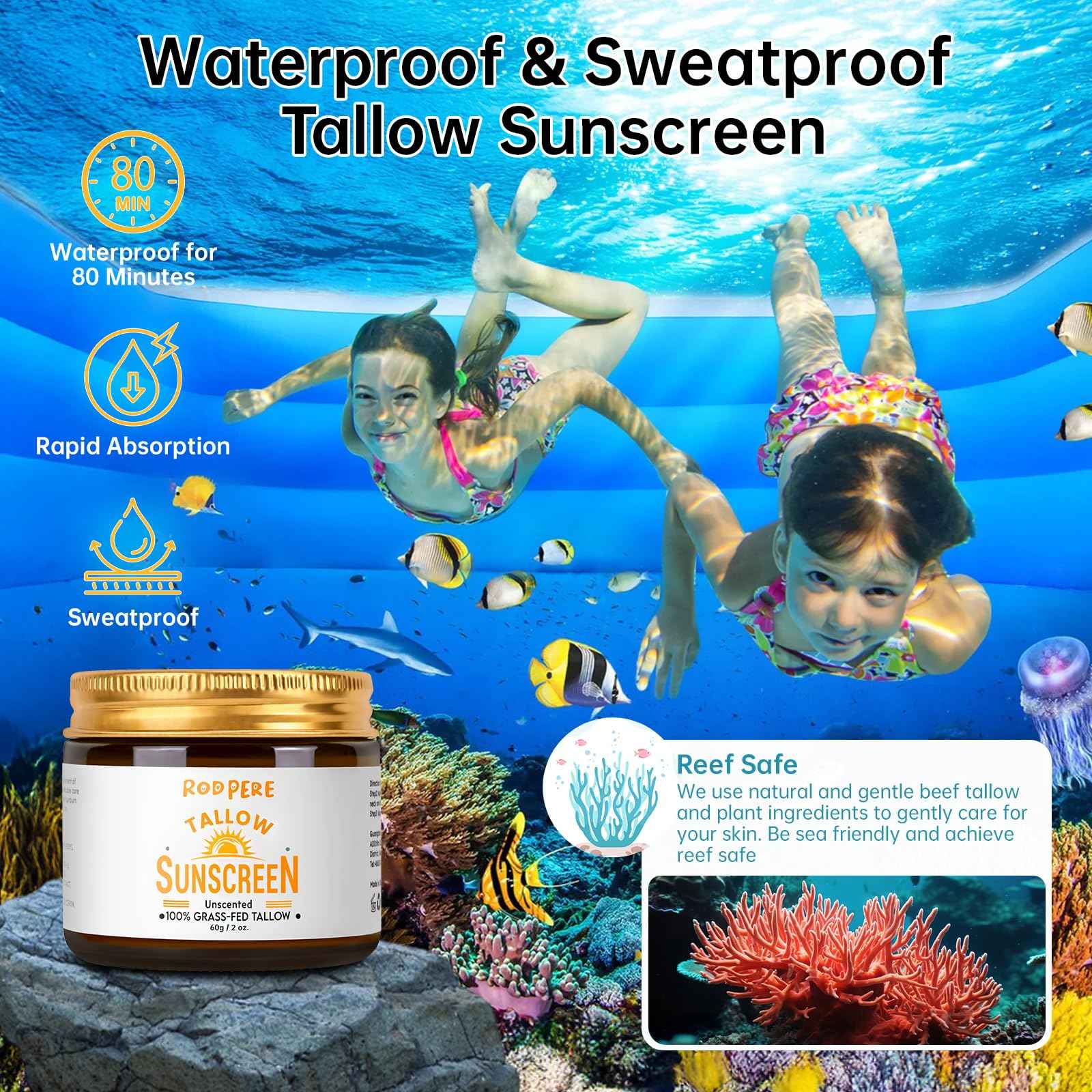 Beef Tallow Sunscreen SPF 50 For Face & Body, 2 PCS Natural & Organic Tallow Sun Balm With Zinc, Hyaluronic Acid For Sensitive Skin, Broad Spectrum, Moisturizing, Reef Safe, No White Residue