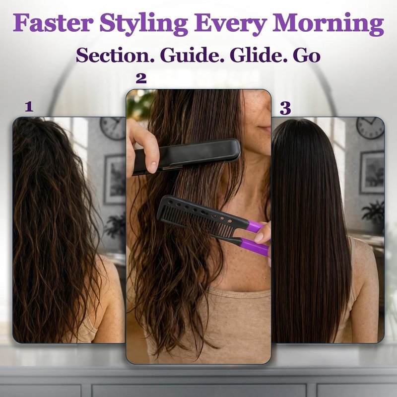 Hair Straightening Comb - Ergonomic Flat Iron Comb for Easy Styling | Reduces Heat Damage - Purple