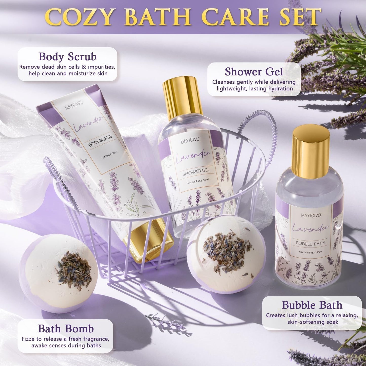 Mothers Day Birthday Gifts for Women, Lavender Relaxing Spa Gift Baskets for Women Self Care Package Bath Gift Set, Home Bath and Body Kit Pamper Gifts for Womens Her Mom Friends Wife Girlfriend Wife