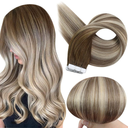 Full Shine Tape in Hair Extensions Human Hair 18 Inch 50 Grams 20 PCS Invisible Seamless Skin Weft Tape in Extensions Color 3 Walnut Brown to 8 Hazelnut Brown 22 Ash Blonde for Party