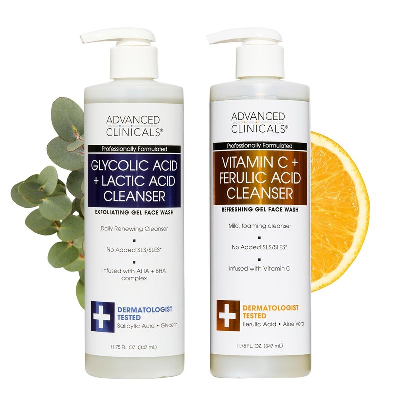 Exfoliating Glycolic Acid & Salicylic Acid Face Wash Set | Hydrating Vitamin C Cleanser for Men & Women - 2PC Skin Care Set