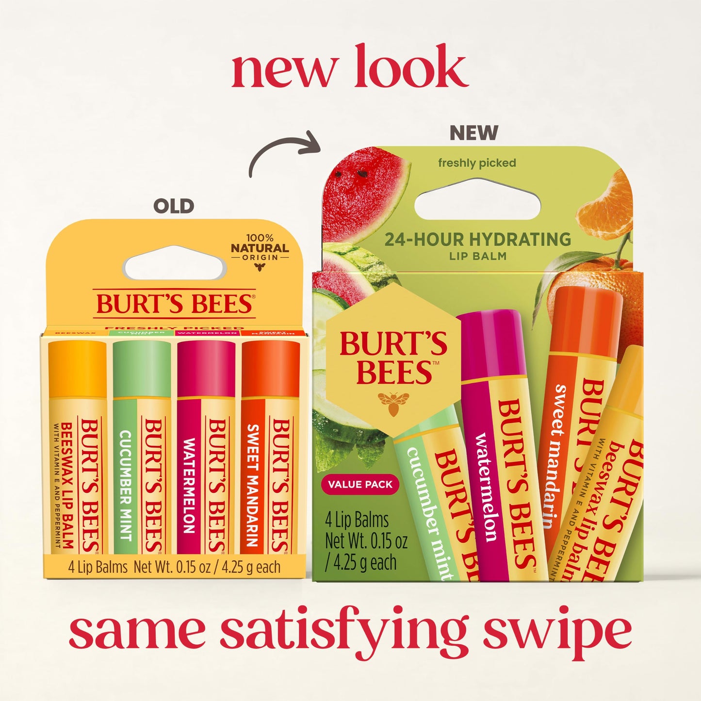 Burt's Bees Lip Balm, Original Beeswax, Cucumber Mint, Watermelon & Sweet Mandarin, With Responsibly Sourced Beeswax, Tint-Free, Natural Origin Treatment, 0.15 oz., Four Tubes