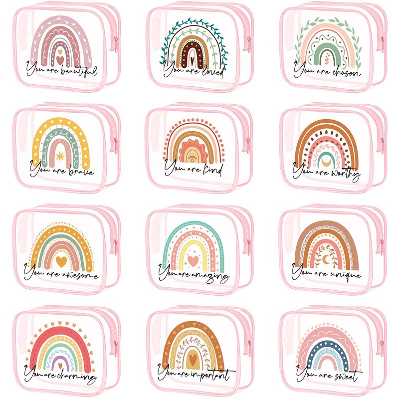 Hillban 12 Pcs Rainbow Clear Makeup Bag for Women Inspirational Quotes PVC Waterproof Cosmetic Bags Appreciation Travel Toiletry Pouch Gifts for Teacher Student Adults(Pink)