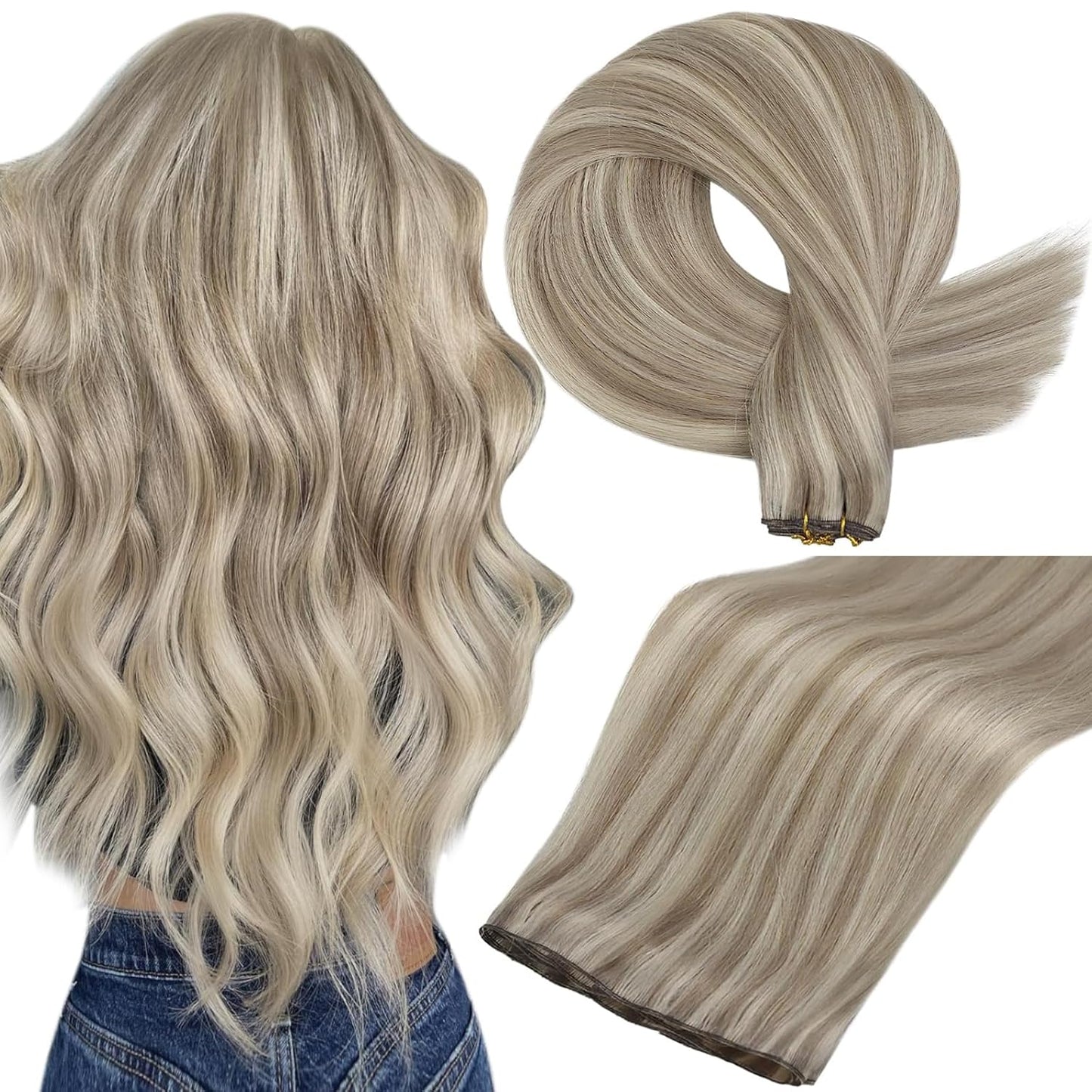 Full Shine Remy Hair Weft Extensions - Ash Blonde Highlight, 16 Inch, 50G Human Hair