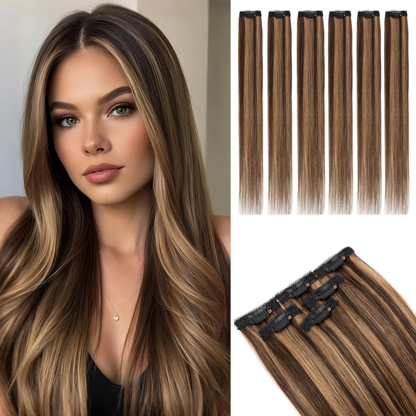 Rich Choices Real Human Hair Clip In Extensions-6 Pcs Single Clip Design-Invisible Clip in Extensions for Thin Hair-Hairpieces for Women/Men-14 Inches #2RP6 Chocolate Brown Highlight Light Brown
