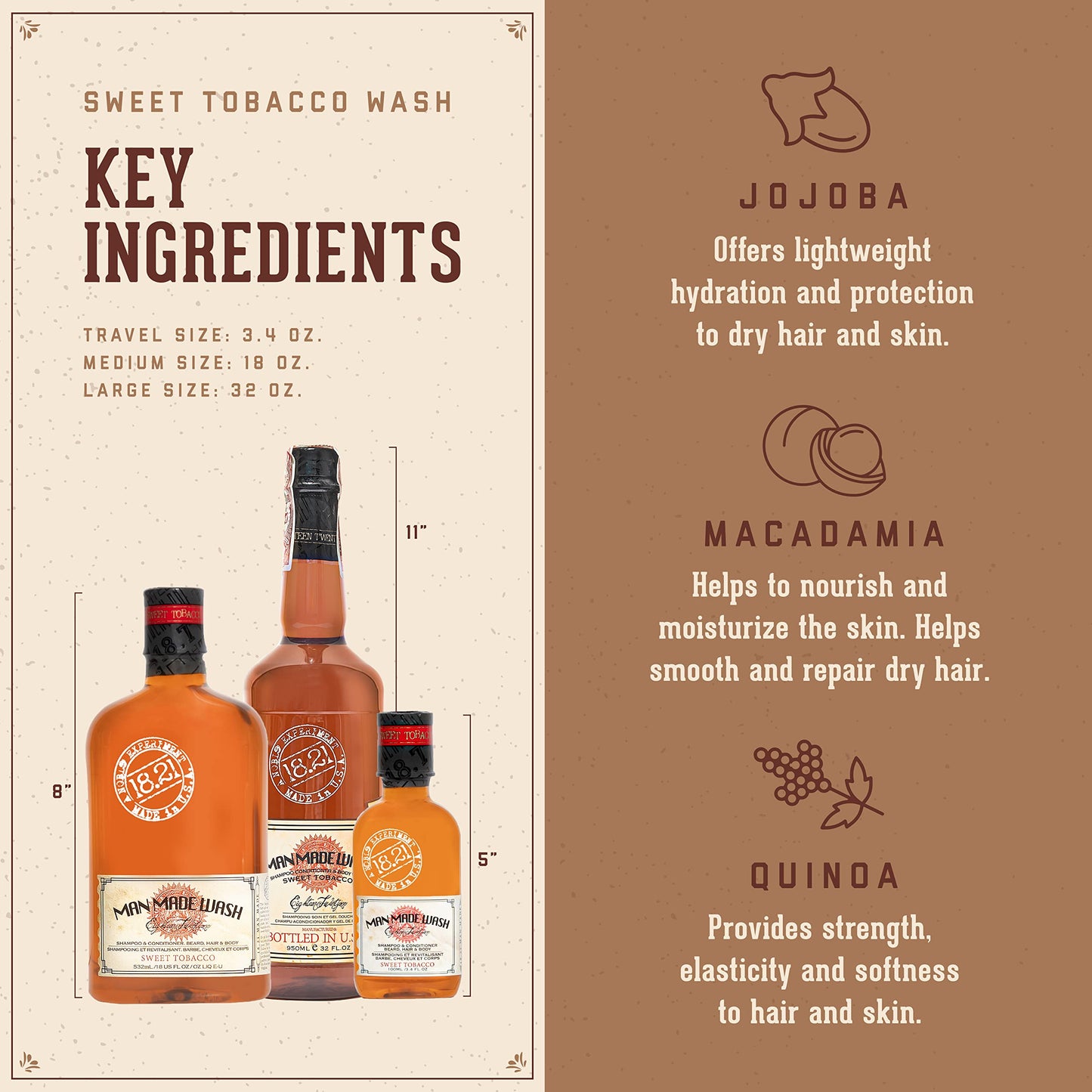 18.21 Man Made Man Sweet Tobacco & Noble Oud 3-in-1, 18 Oz Wash 2-Set Bundle, All Hair & Skin Types for Men, Strengthens and Moisturizes in a Manly Aroma