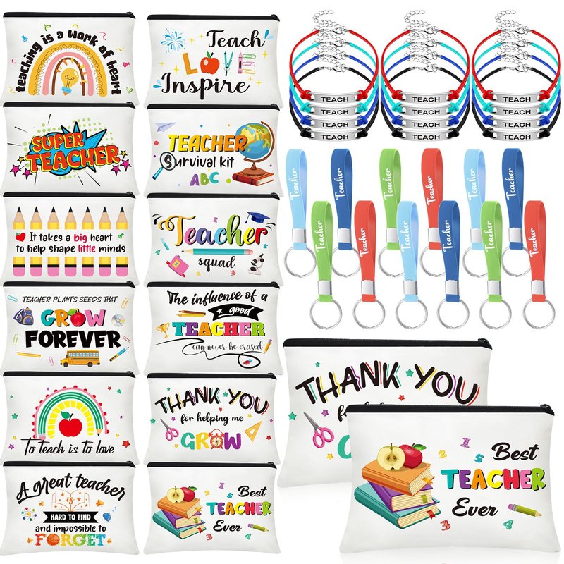 Sadnyy 36 Pieces Teacher Appreciation Gifts Set 12 Makeup Bag 12 Silicone Keychain 12 Blessing Card Bracelet Teacher's Day Gift Teacher Makeup Pouch Pencil Bag Inspirational Quote Key Chain, 12 Styles