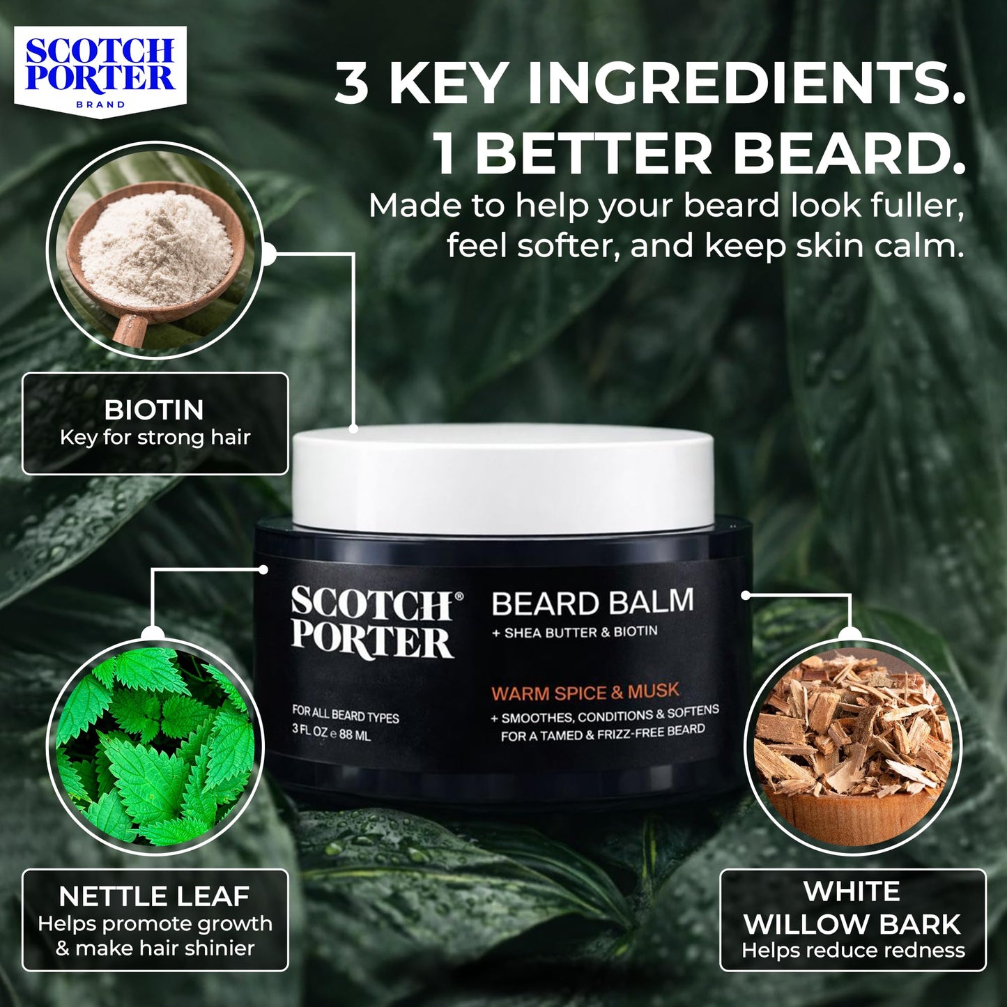 Scotch Porter Conditioning Beard Balm – Smooth, Shape, Moisturize & Soften Coarse, Dry Facial Hair while Encouraging Growth for a Fuller/Healthier-Looking Beard – Original Scent, 3 oz. Jar