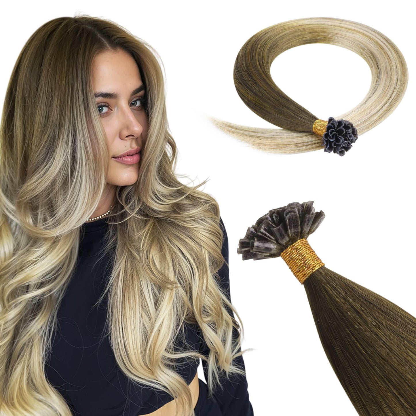 HOTBANANA U Tip Hair Extensions Human Hair, 16 Inch 50g 50s Ombre Walnut Brown to Ash Brown and Bleach U Tip Extensions Hot Fusion Keratin Utip Hair Extensions Straight K Tip Hair Extensions