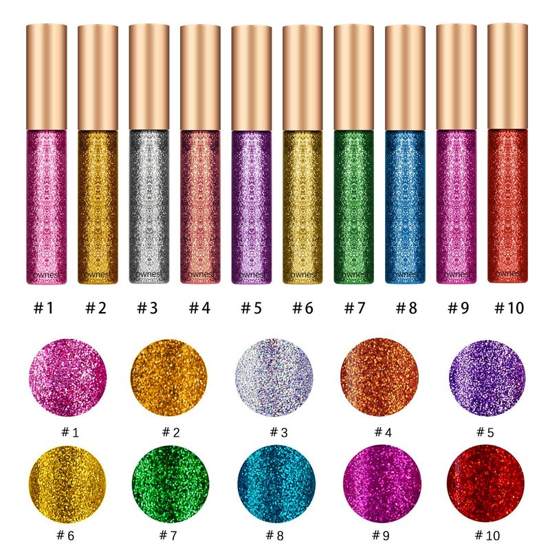 Ownest 10 Colors Liquid Glitter Eyeliner Set, Metallic Shimmer Liquid Eyeshadow Set, Long Lasting Waterproof Shimmer Sparkling Liquid Eyeliner & Shadow Duo, Glitter Eyes Makeup Kit