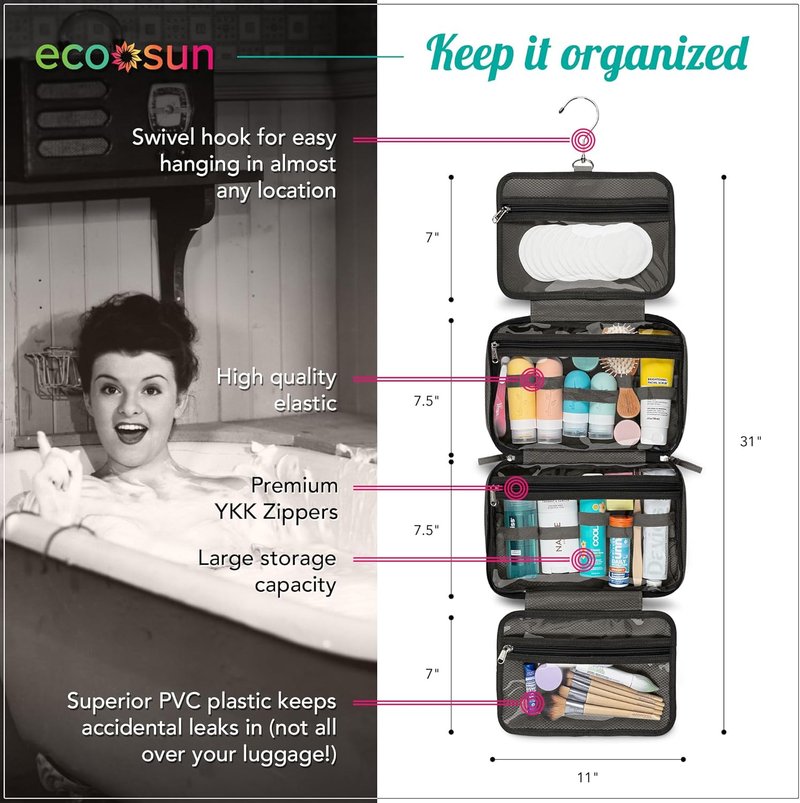 Eco Sun Hanging Travel Toiletry Bag - Water-Resistant Organizer for Bathroom Accessories | Grey