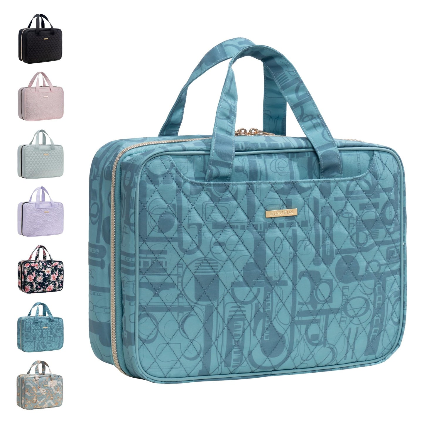 Everfun Travel Toiletry Bag with Hanging Hook and Leakproof Wet/Dry Compartments, Large Capacity Makeup Cosmetic Organizer for Women, 12x9x4.5 Inch, Cyan Blue