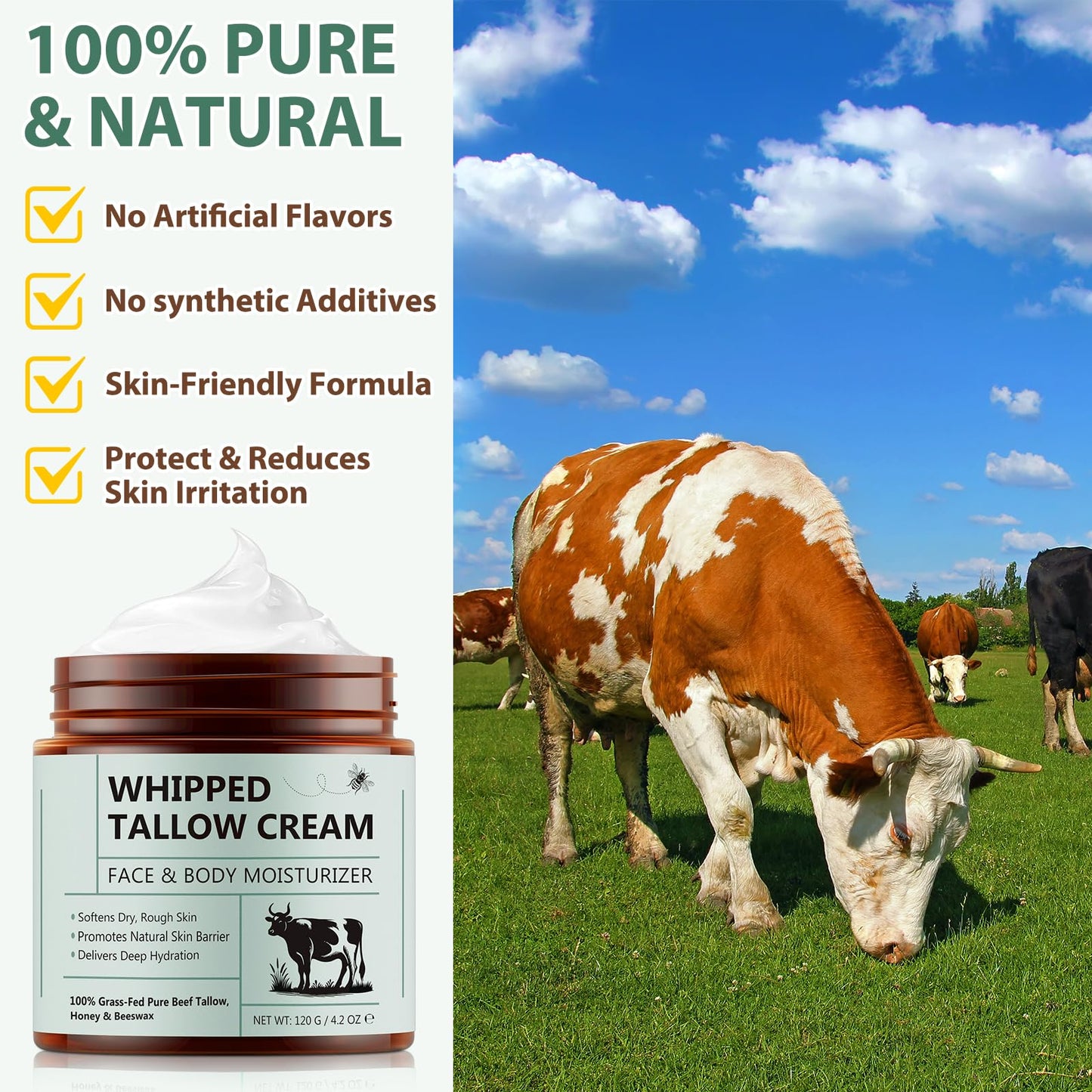 Whipped Beef Tallow for Skin - 100% Grass Fed Pure Beef Tallow with Honey, Natural Moisturizing Cream for Face and Body, Deep Hydration Softens Dry Skin, Nourishing Tallow Cream 4.2 Oz (2 Packs )