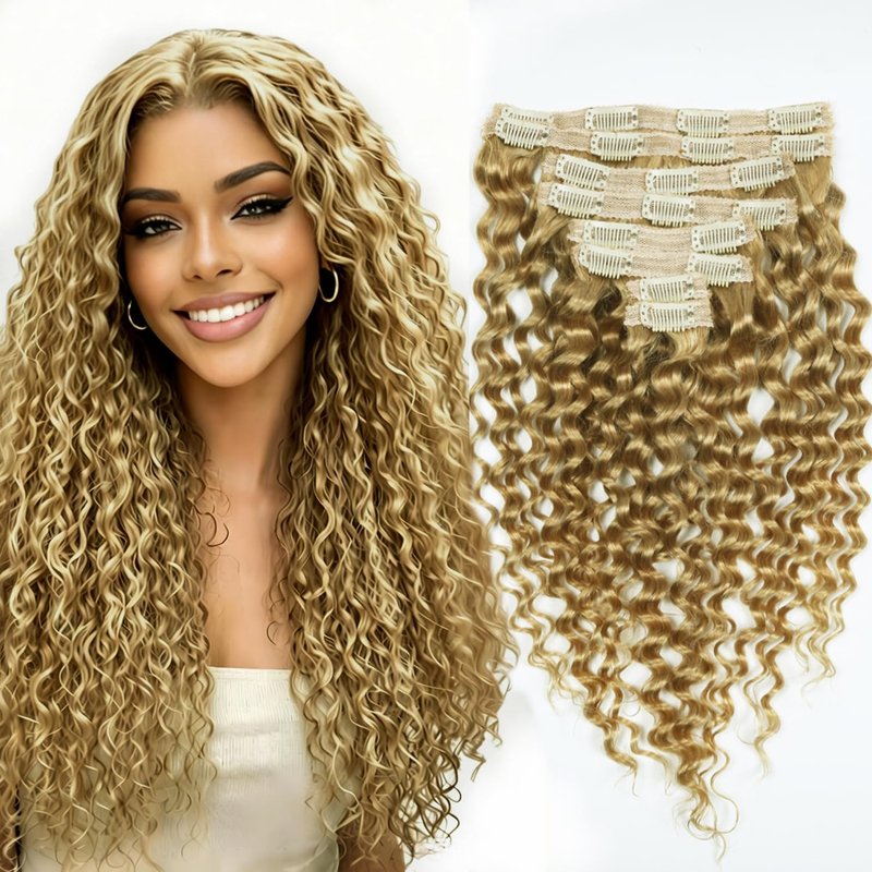 Blonde Clip in Hair Extensions Real Human Hair Deep Curly Glueless Extensions for Black Women 100g/3.5oz Remy Wear and Go 8pcs Double Wefts Invisible Seamless Clip ins Hair 14 inch Wet and Wavy