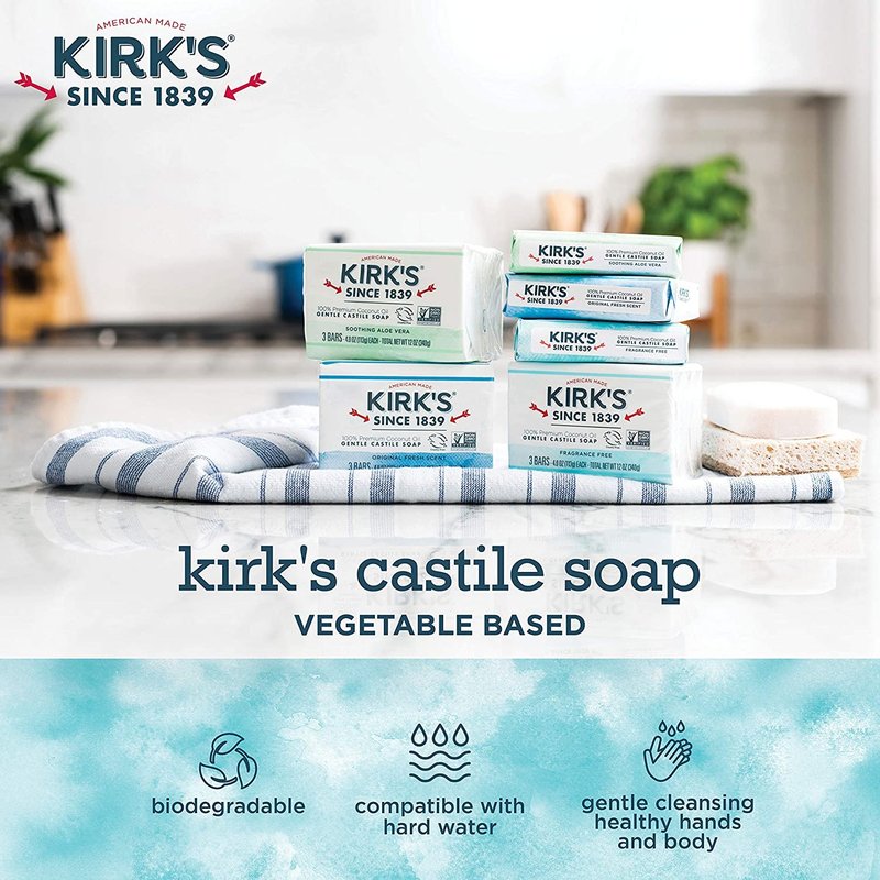 Castile Bar Soap by Kirkâ€™s | Clean Soap for Men, Women & Children | Premium Coconut Oil | Sensitive Skin Formula, Vegan | Fragrance-Free/Unscented | 4 oz. Bars - 12 Pack