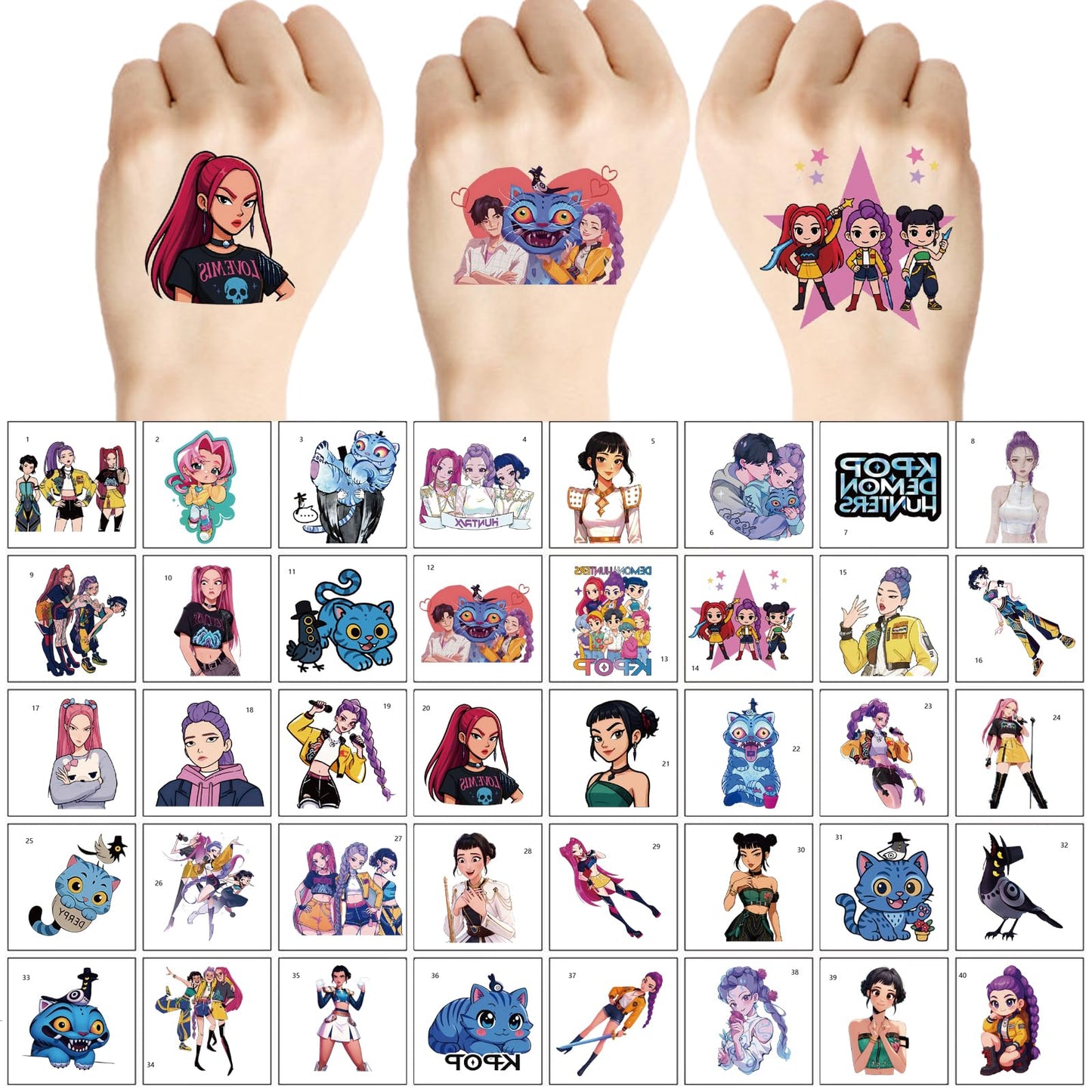 40Pcs Korean Idol Demon Movie Hunters Temporary Tattoos pack Removable Tattoo Stickers for Kids,Goodie Bag Stuffers Party Supplies Decoration Gifts(Demon Movie Hunters-B)