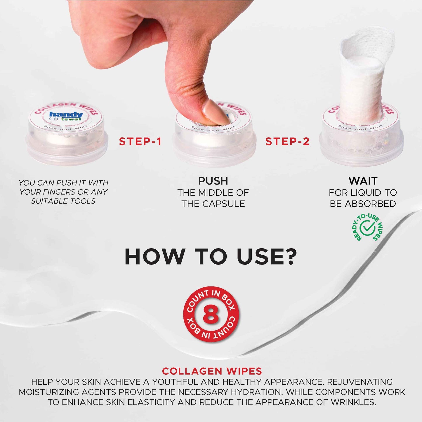 Handy Towel Collagen Facial Care Wipes, Face Care Travel-Size Magic Wipes, Skin Reducing Wrinkles Propolis Towelettes, Hyaluronic Acid Skin Care and Cleanser Wipes Solution, 8 Count