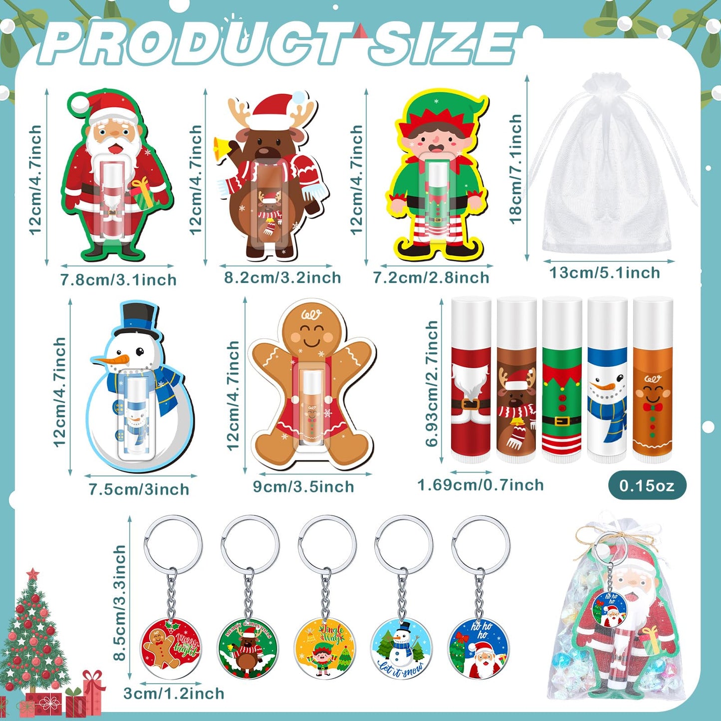 Henoyso 150 Pcs Christmas Lip Balm Bulk Gifts Moisturizing Lip Balms Acrylic Keychains with Organza Bags for Xmas Holiday Treat Gifts Christmas Stocking Stuffers Women Party Supplies