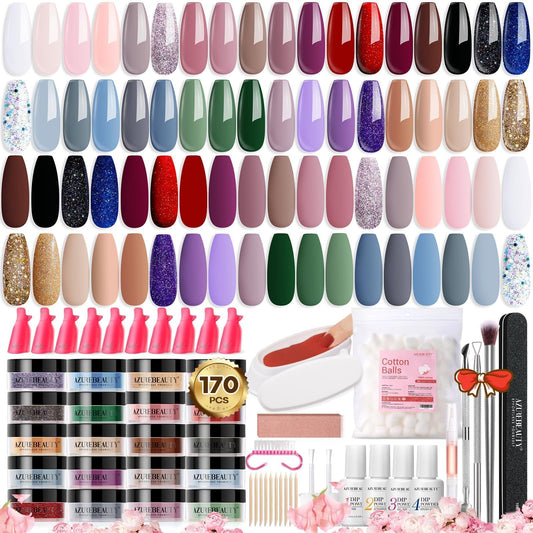 AZUREBEAUTY 170Pcs Dip Powder Nail Kit, 36 Colors Fall Winter Red Glitter Brown Christmas Dipping Powder Starter with Top/Base Coat Activator & Removal Accessories Set for French Manicure Salon